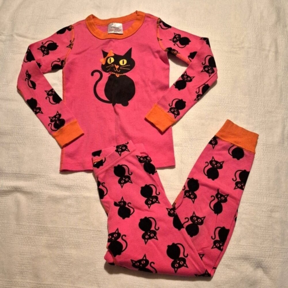 Hanna Andersson girls size 110 or 5 pink & orange cat pajama set play cond holes